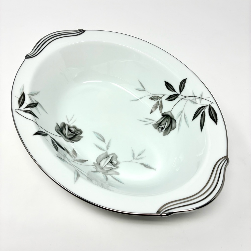 Vintage Noritake China Rosamor 10” Oval  Vegetable Bowl Gray Roses Platinum Rim